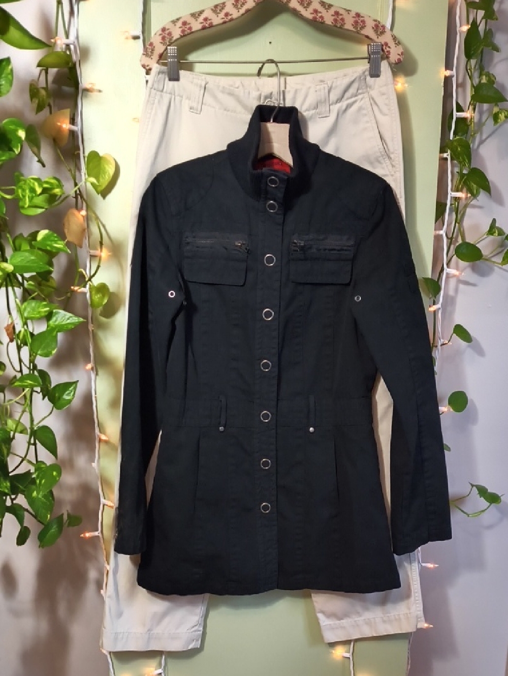 Women's Coffee Shop Red Mid Length Black Snap Button Mockneck Coat S - Picture 10 of 17